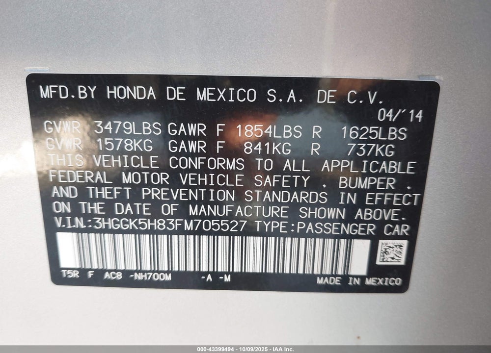 2015 HONDA FIT VIN: 3HGGK5H83FM705527