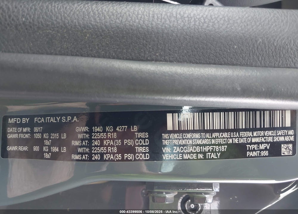 2017 JEEP RENEGADE LIMITED FWD VIN: ZACCJADB1HPF78187