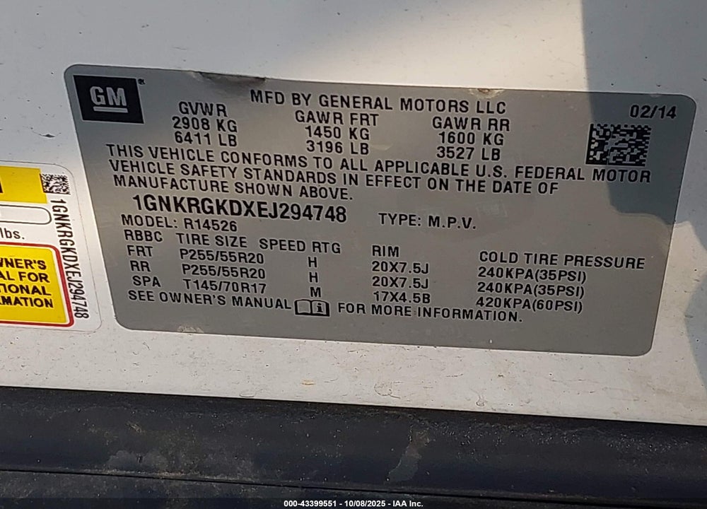 2014 CHEVROLET TRAVERSE 1LT VIN: 1GNKRGKDXEJ294748