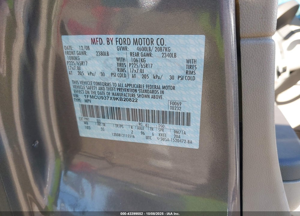 2009 FORD ESCAPE VIN: 1FMCU937X9KB20822