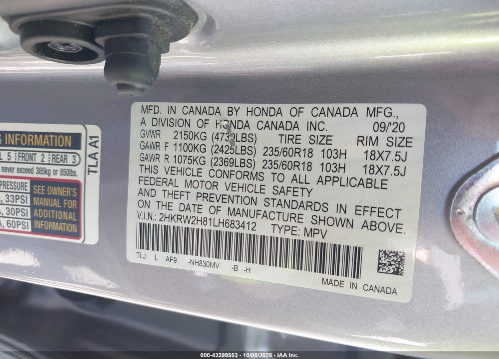 2020 HONDA CR-V AWD EX-L VIN: 2HKRW2H81LH683412
