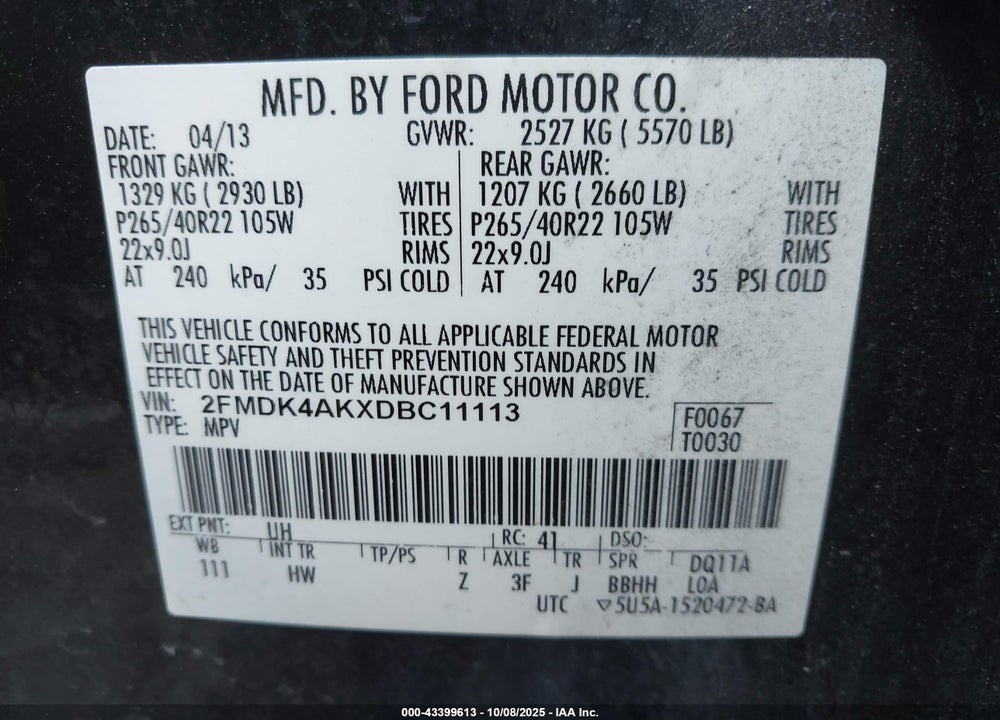 2013 FORD EDGE VIN: 2FMDK4AKXDBC11113