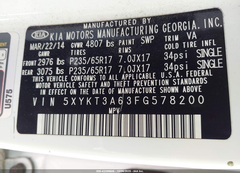 2015 KIA SORENTO VIN: 5XYKT3A63FG578200
