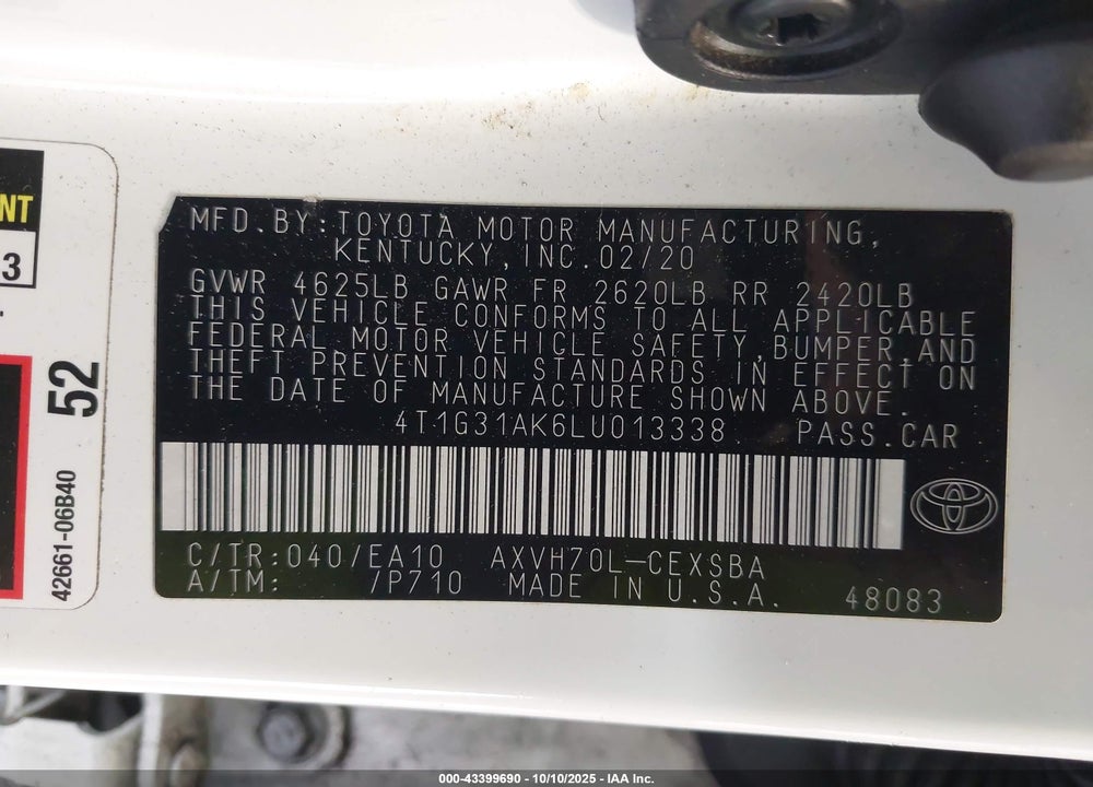2020 TOYOTA CAMRY VIN: 4T1G31AK6LU013338