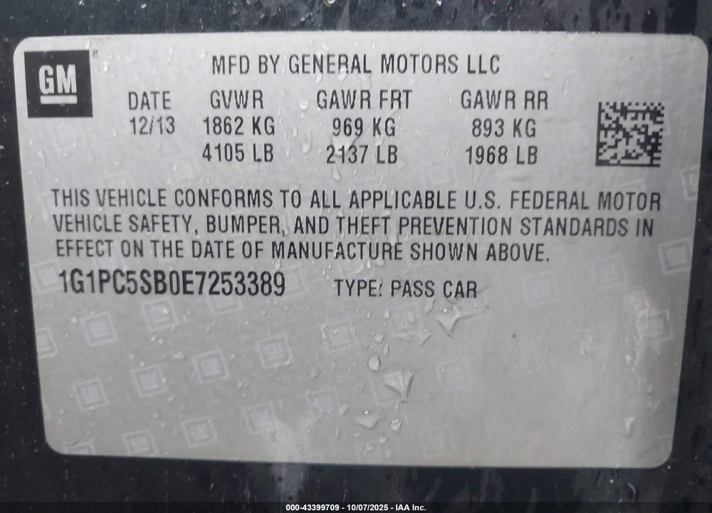 2014 CHEVROLET CRUZE 1LT AUTO VIN: 1G1PC5SB0E7253389