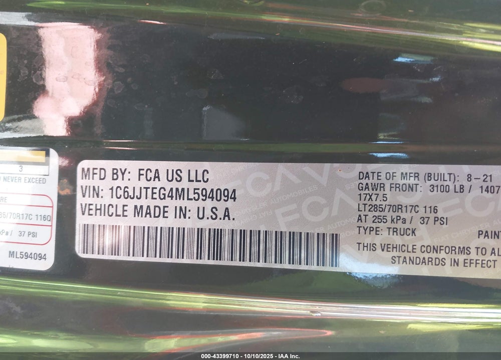 2021 JEEP GLADIATOR MOJAVE 4X4 VIN: 1C6JJTEG4ML594094