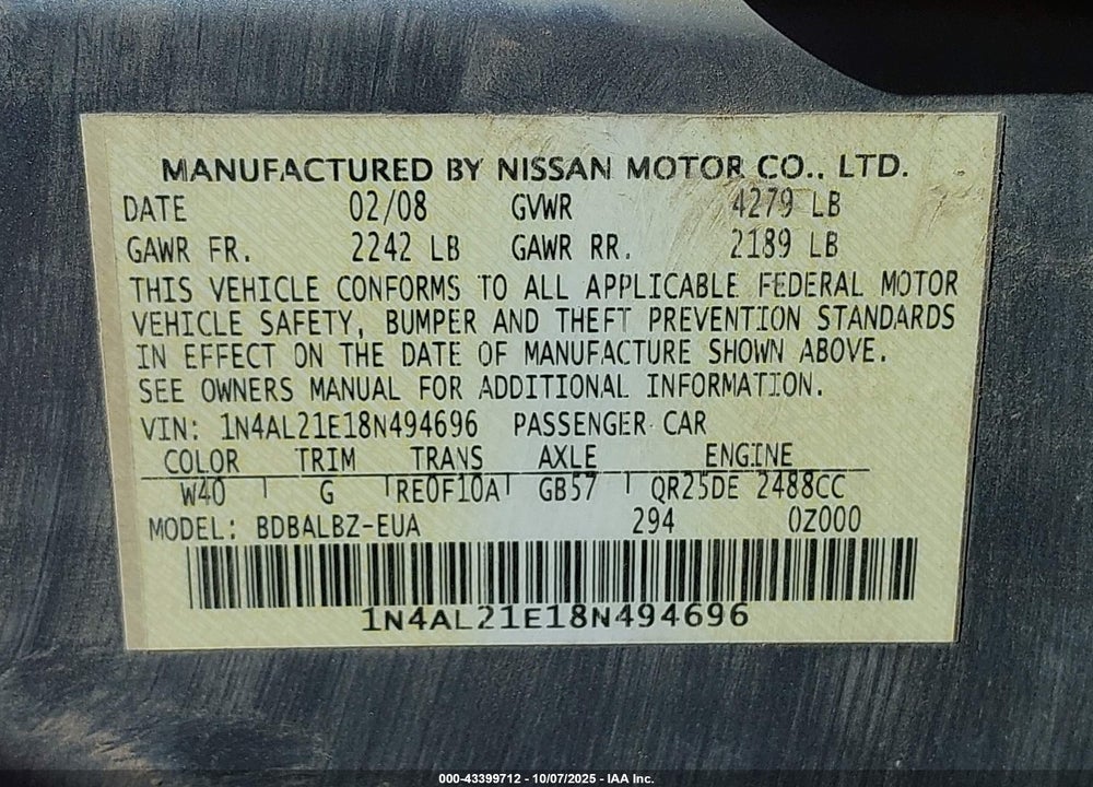 2008 NISSAN ALTIMA 2.5 S VIN: 1N4AL21E18N494696