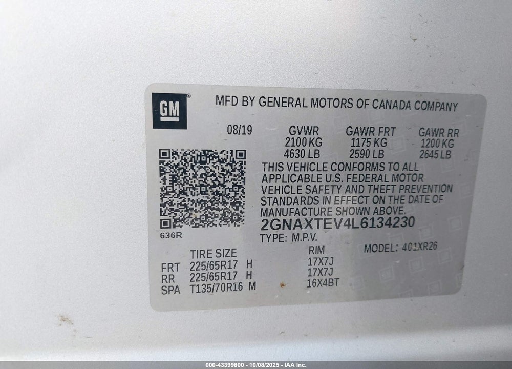 2020 CHEVROLET EQUINOX AWD 2FL VIN: 2GNAXTEV4L6134230