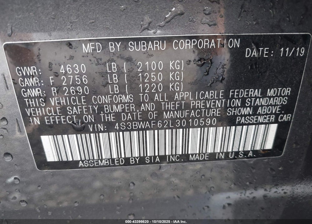 2020 SUBARU LEGACY VIN: 4S3BWAF62L3010590