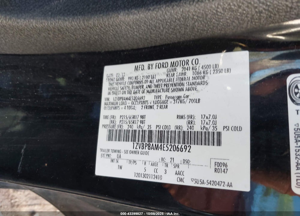 2014 FORD MUSTANG V6 VIN: 1ZVBP8AM4E5206692