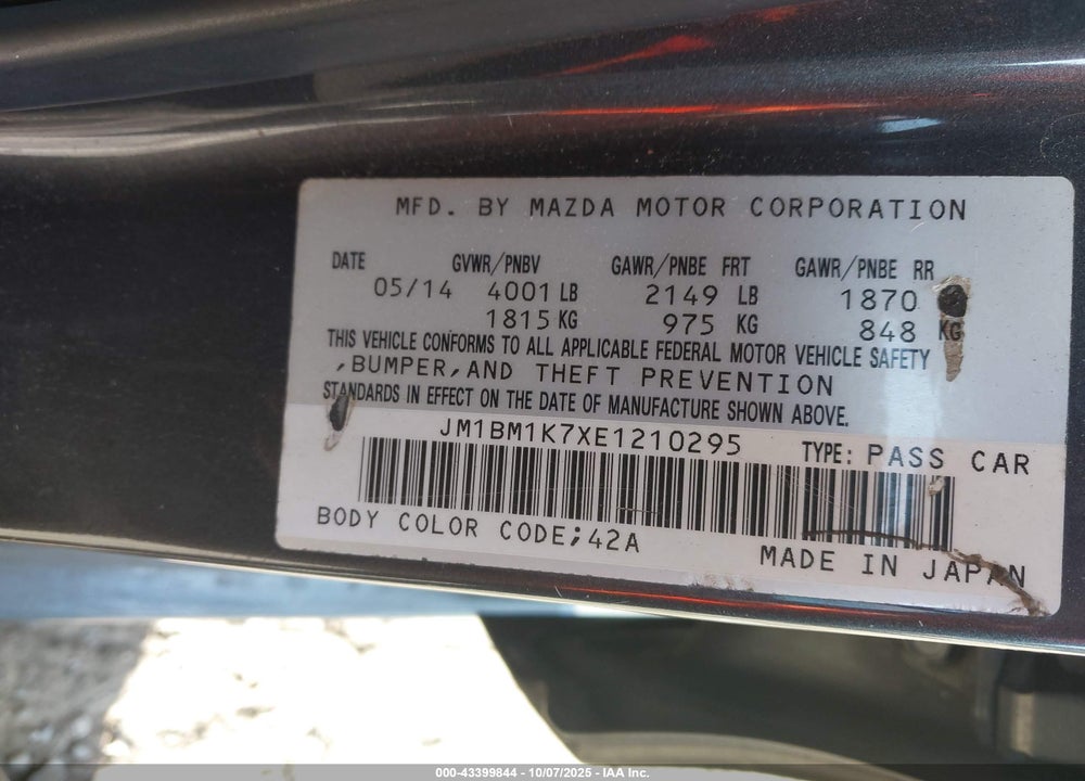 2014 MAZDA 3 VIN: JM1BM1K7XE1210295