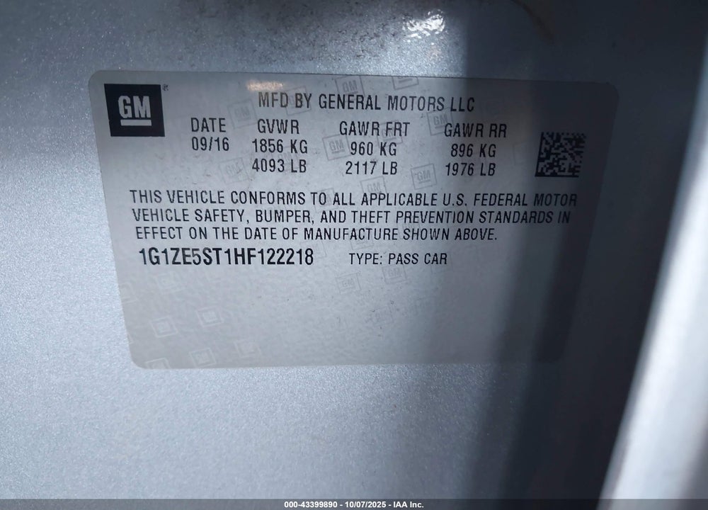 2017 CHEVROLET MALIBU VIN: 1G1ZE5ST1HF122218