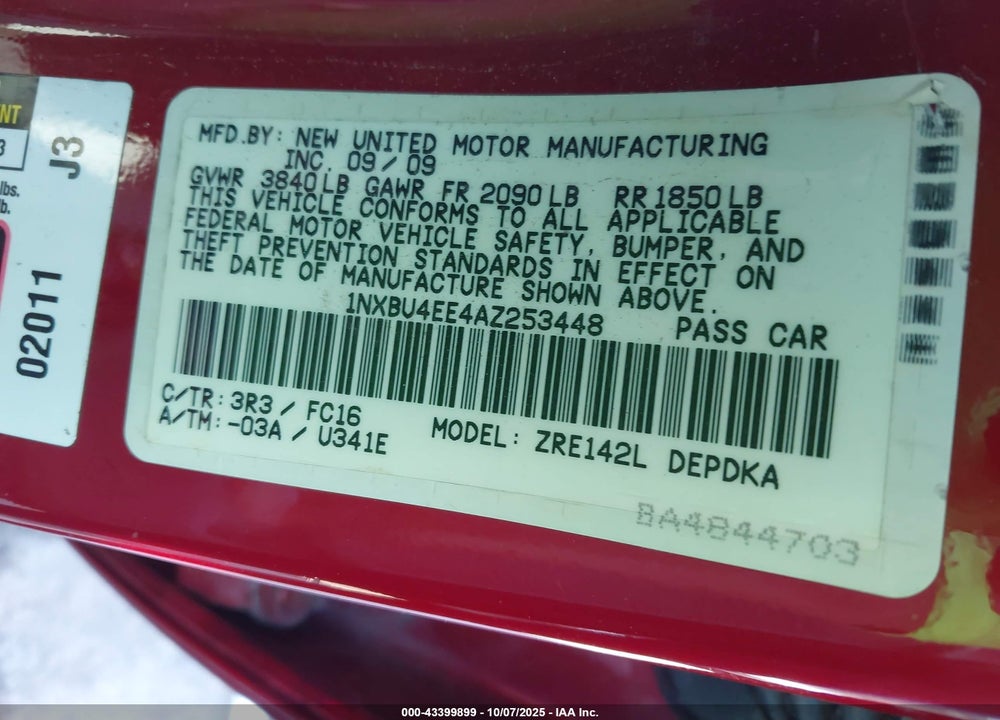 2010 TOYOTA COROLLA VIN: 1NXBU4EE4AZ253448
