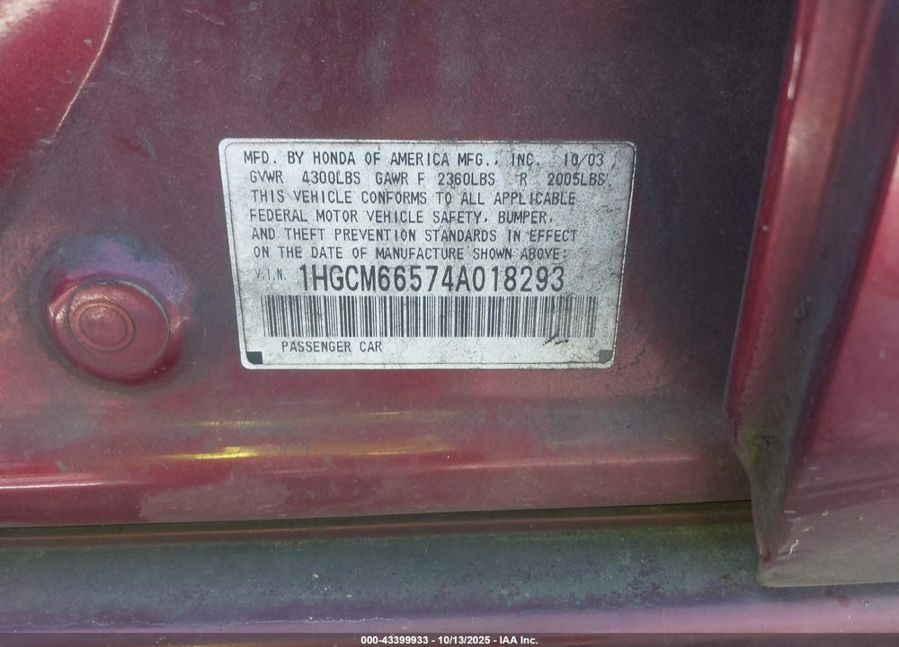 2004 HONDA ACCORD 3.0 EX VIN: 1HGCM66574A018293