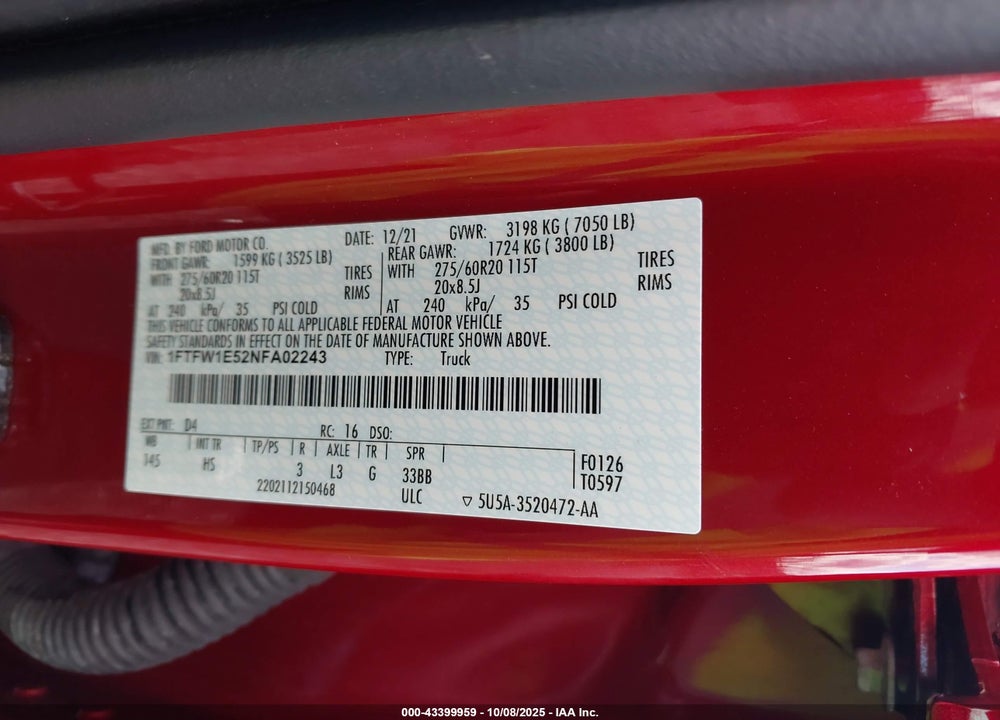 2022 FORD F-150 LARIAT VIN: 1FTFW1E52NFA02243