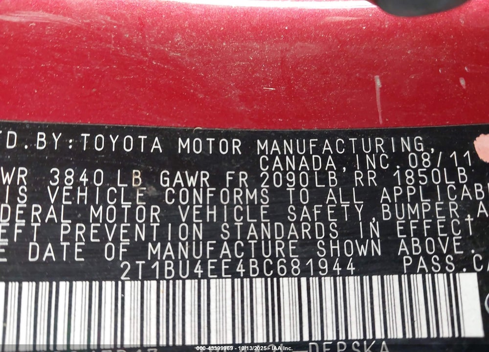 2011 TOYOTA COROLLA S VIN: 2T1BU4EE4BC681944
