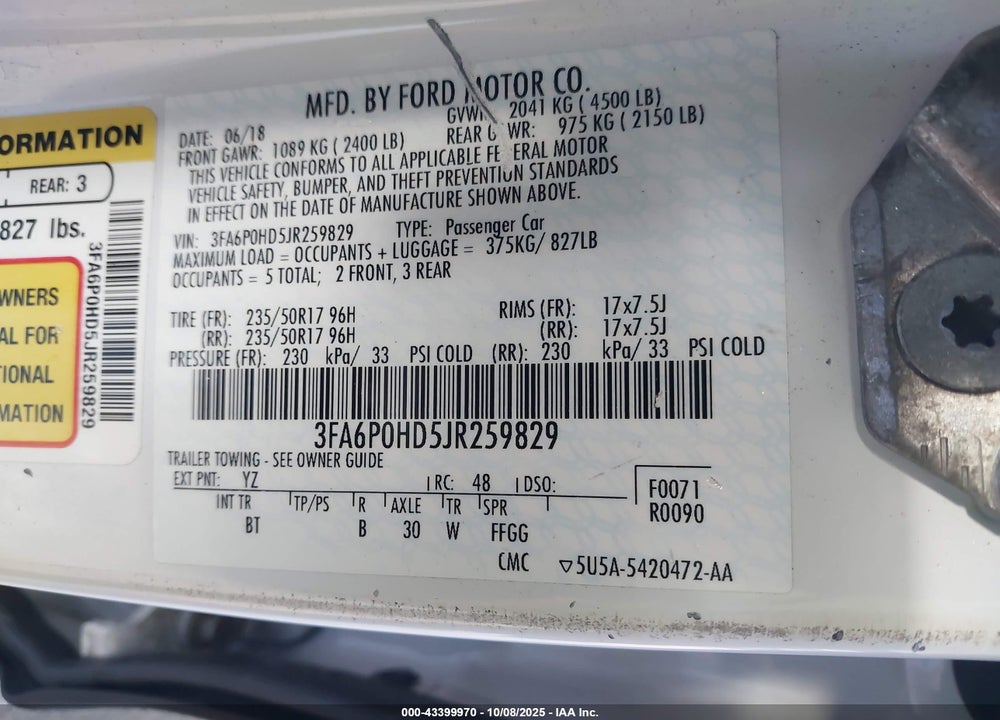 2018 FORD FUSION SE VIN: 3FA6P0HD5JR259829
