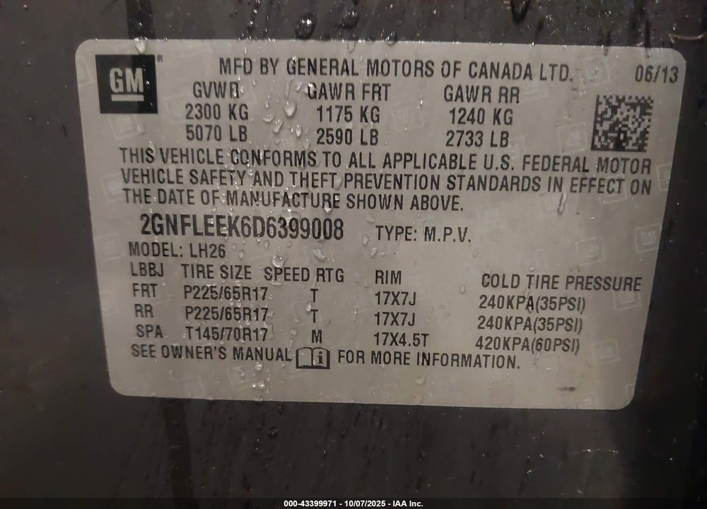 2013 CHEVROLET EQUINOX VIN: 2GNFLEEK6D6399008