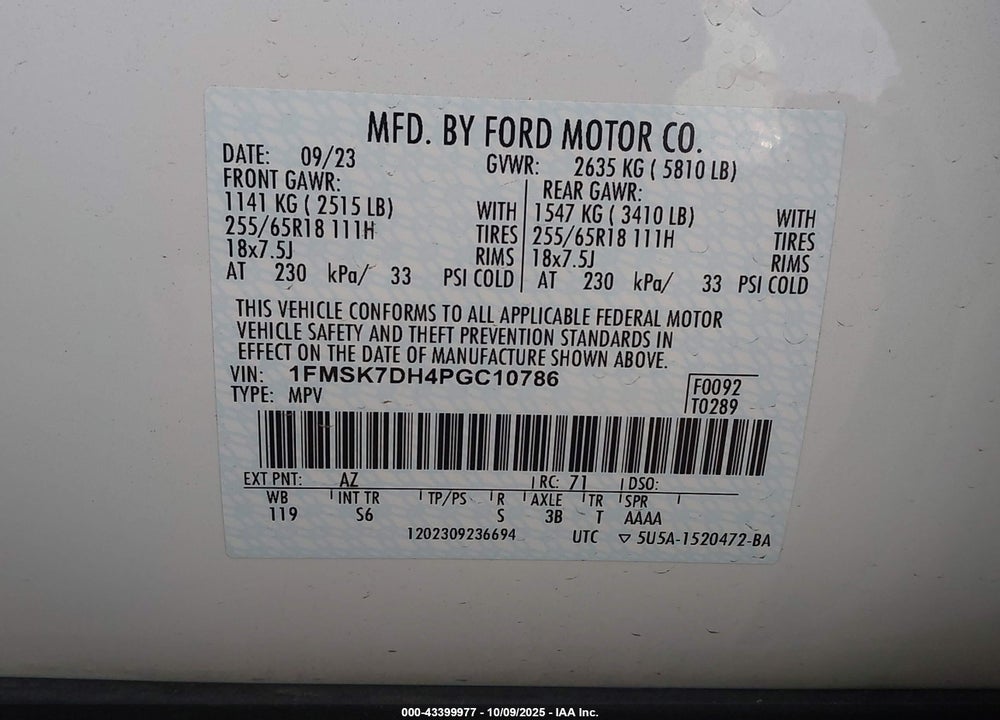 2023 FORD EXPLORER VIN: 1FMSK7DH4PGC10786
