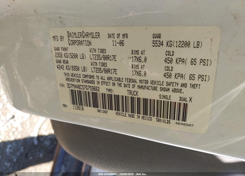 2007 DODGE RAM 3500 VIN: 3D7MX48C57G759662