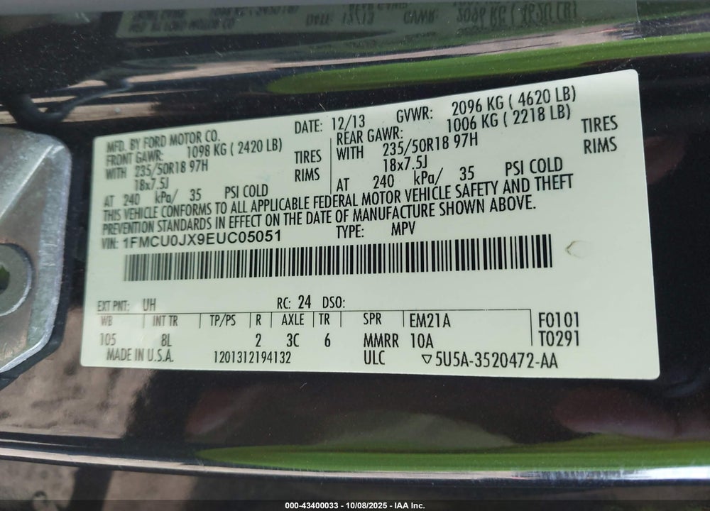 2014 FORD ESCAPE TITANIUM VIN: 1FMCU0JX9EUC05051