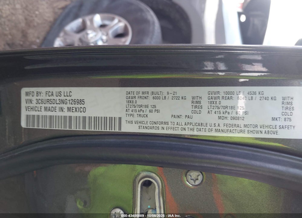2022 RAM 2500 VIN: 3C6UR5DL3NG126985