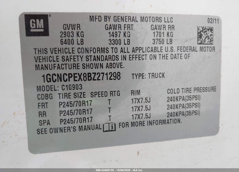 2011 CHEVROLET SILVERADO 1500 VIN: 1GCNCPEX8BZ271298