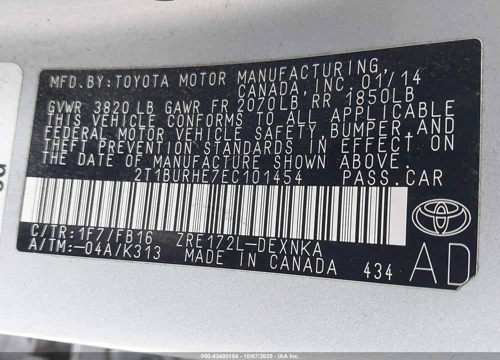 2014 TOYOTA COROLLA VIN: 2T1BURHE7EC101454