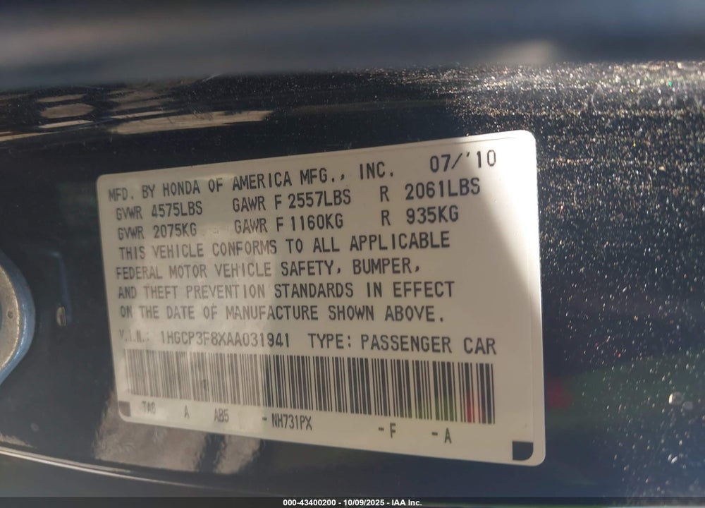 2010 HONDA ACCORD VIN: 1HGCP3F8XAA031941