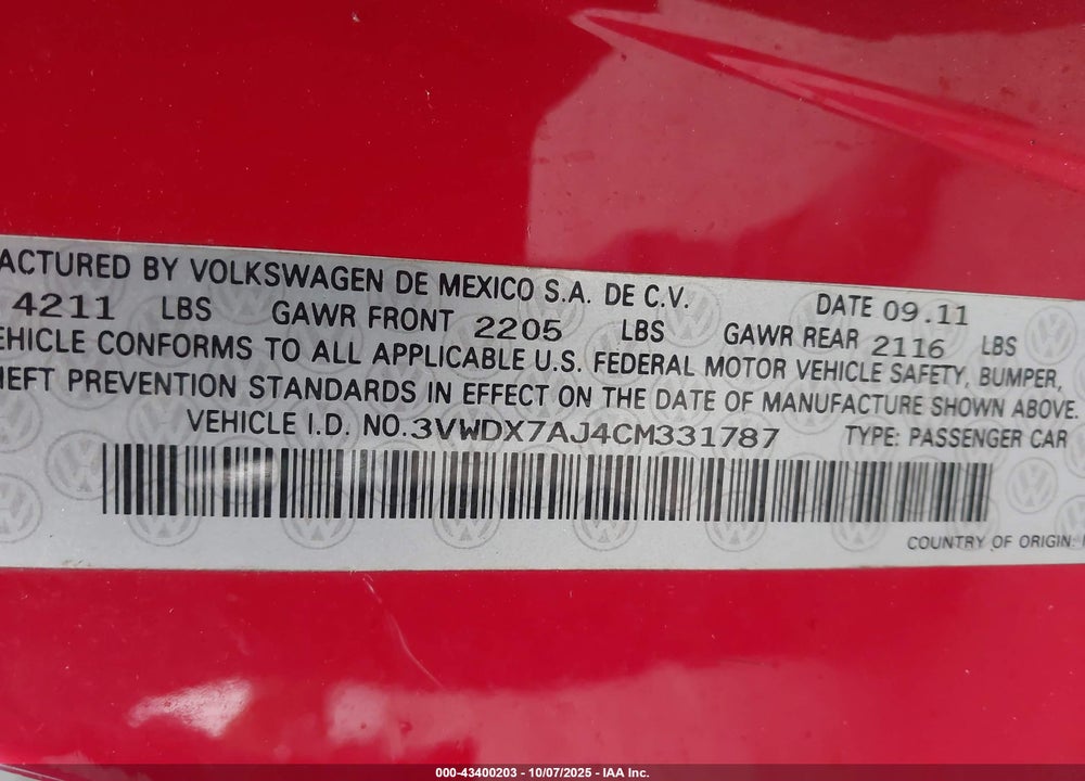 2012 VOLKSWAGEN JETTA VIN: 3VWDX7AJ4CM331787