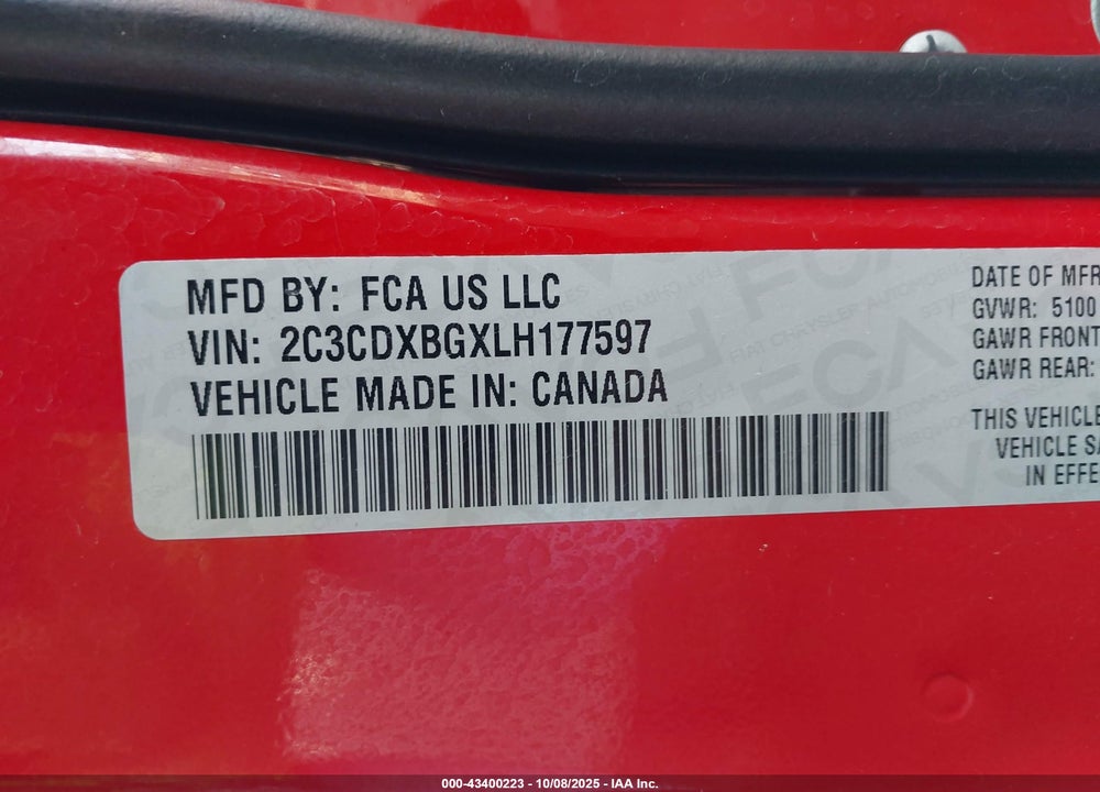 2020 DODGE CHARGER SXT RWD VIN: 2C3CDXBGXLH177597