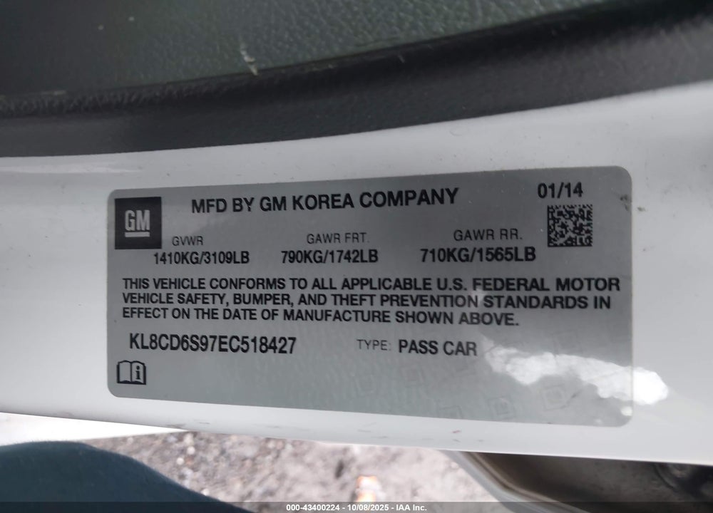2014 CHEVROLET SPARK 1LT AUTO VIN: KL8CD6S97EC518427