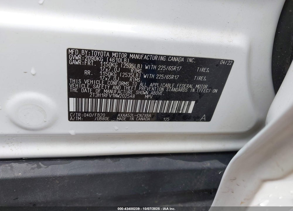 2022 TOYOTA RAV4 LE VIN: 2T3H1RFV1NW202548