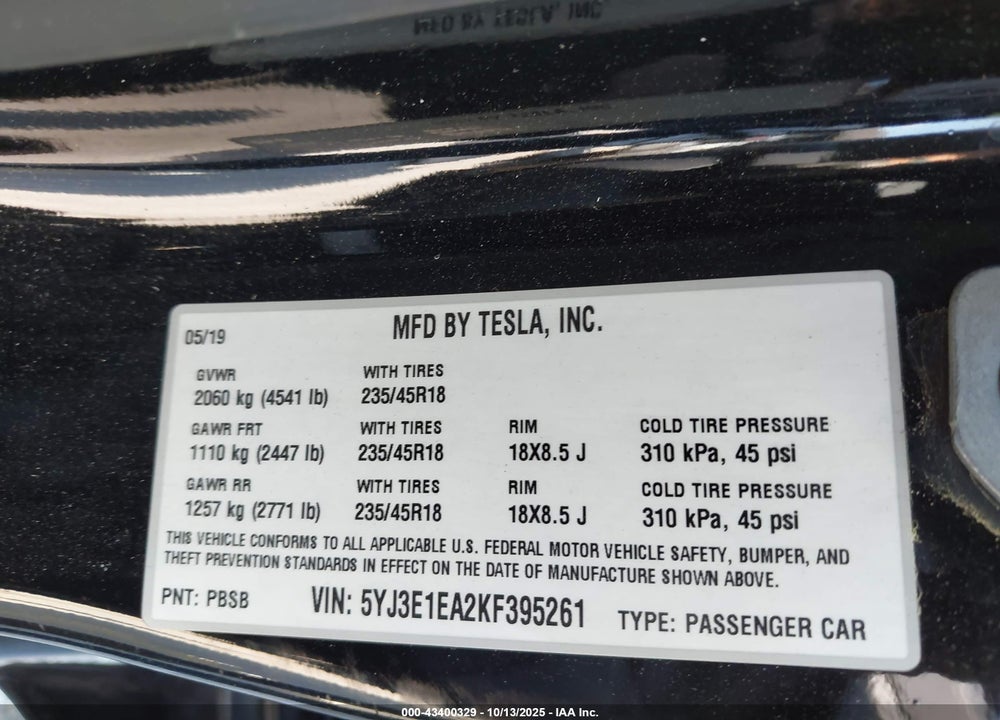 2019 TESLA MODEL 3 VIN: 5YJ3E1EA2KF395261