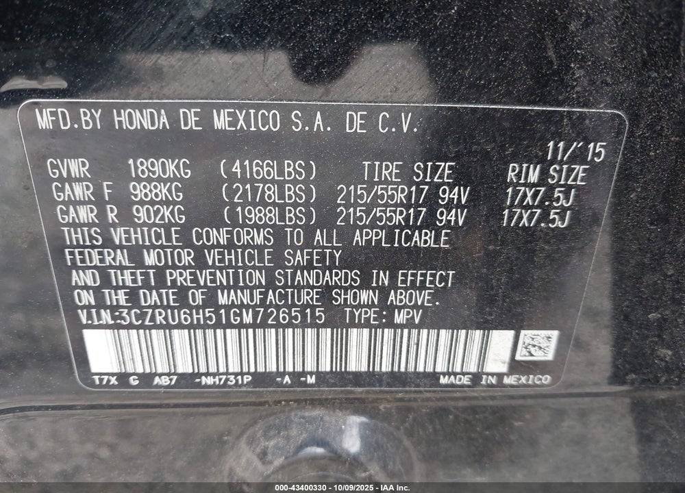 2016 HONDA HR-V EX VIN: 3CZRU6H51GM726515