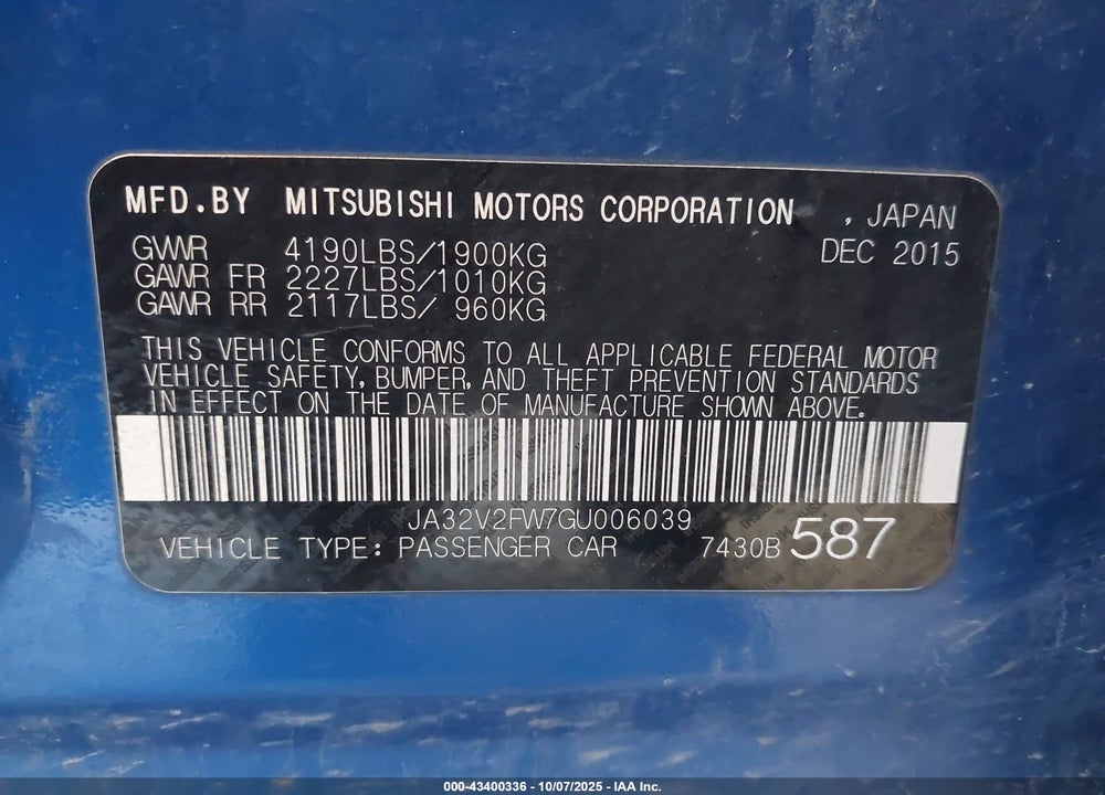 2016 MITSUBISHI LANCER VIN: JA32V2FW7GU006039