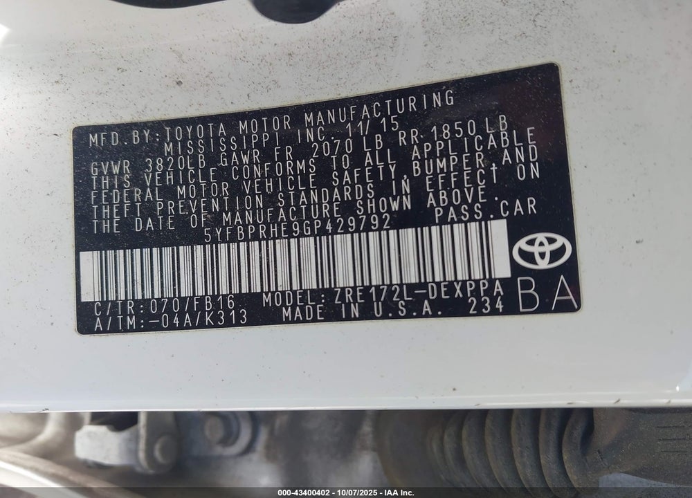 2016 TOYOTA COROLLA VIN: 5YFBPRHE9GP429792