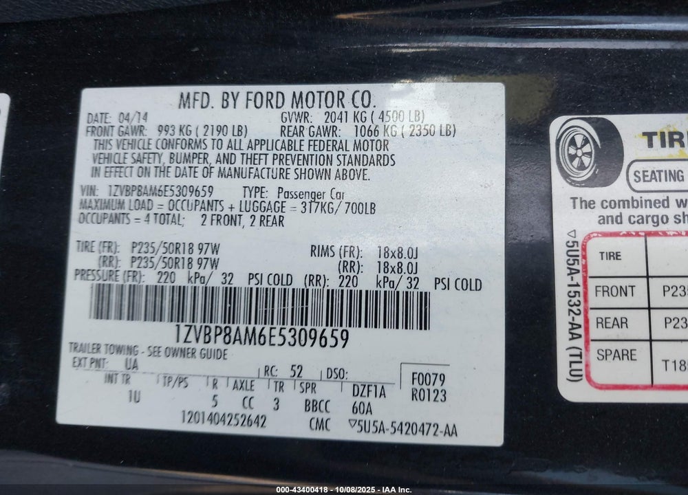 2014 FORD MUSTANG V6 VIN: 1ZVBP8AM6E5309659