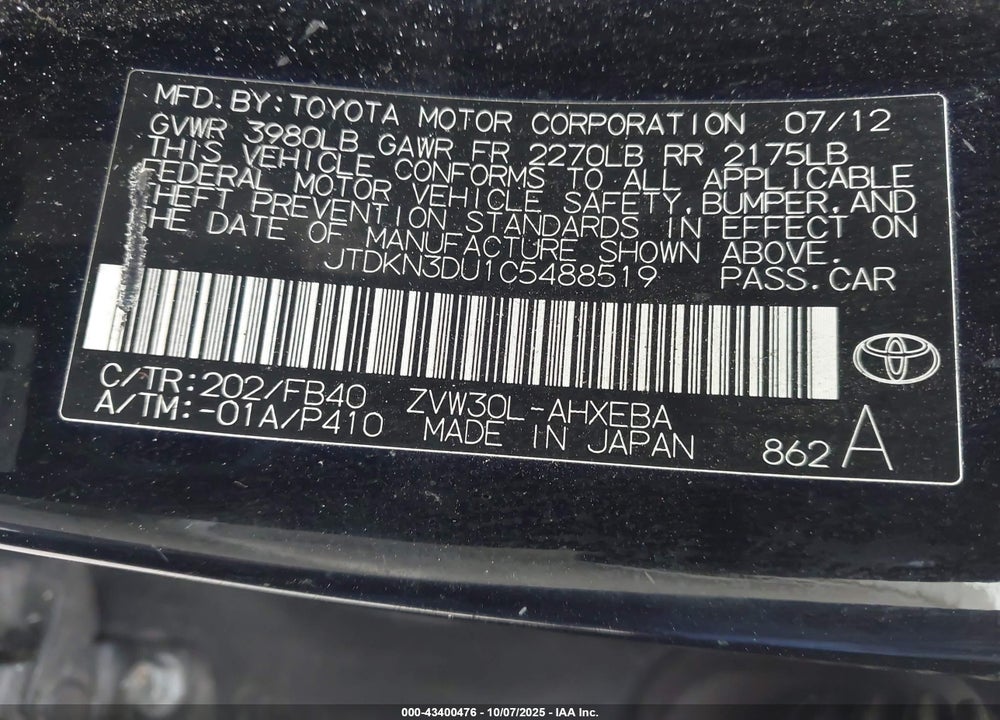 2012 TOYOTA PRIUS VIN: JTDKN3DU1C5488519