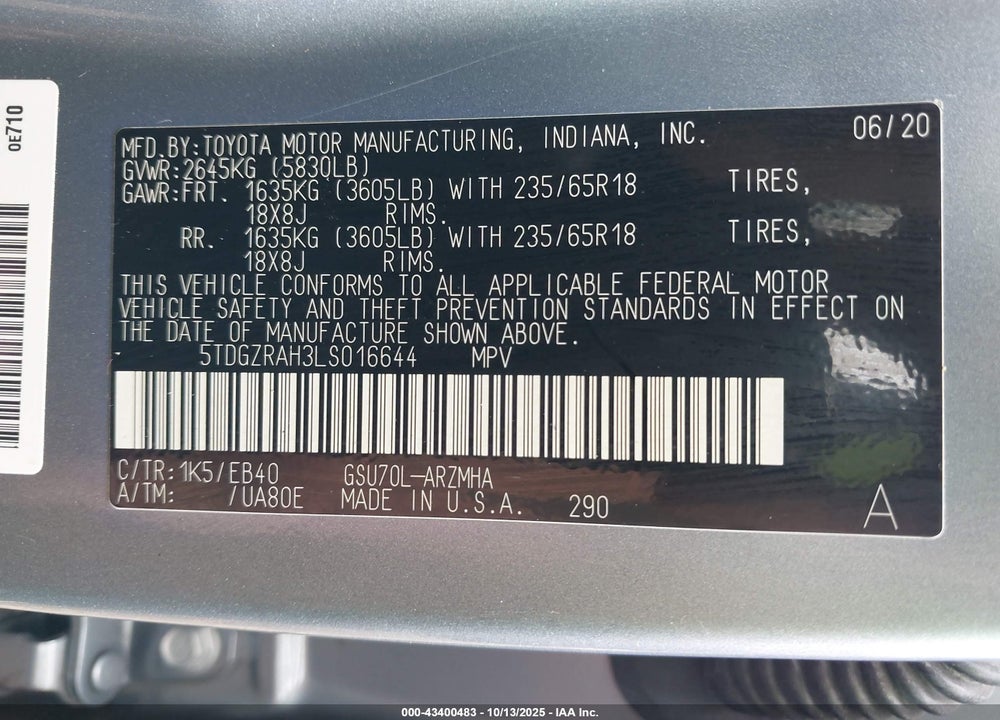 2020 TOYOTA HIGHLANDER XLE VIN: 5TDGZRAH3LS016644