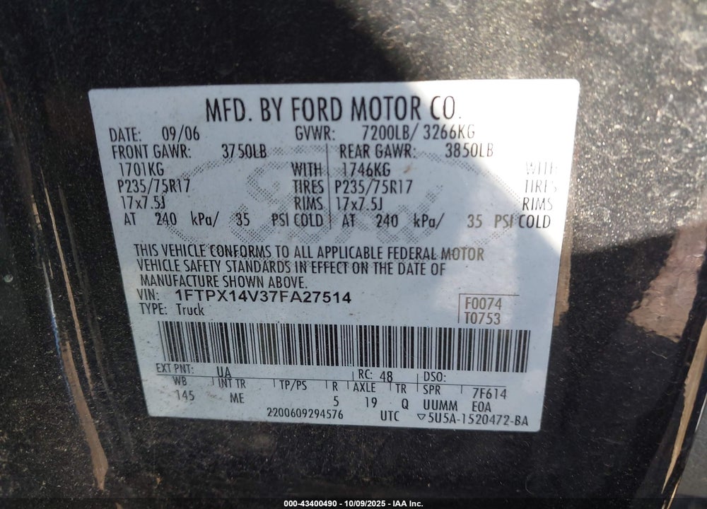 2007 FORD F150 VIN: 1FTPX14V37FA27514