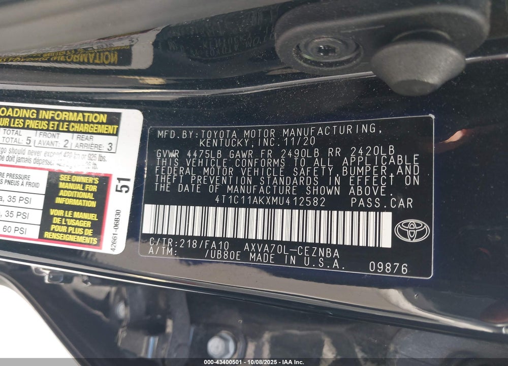 2021 TOYOTA CAMRY LE VIN: 4T1C11AKXMU412582
