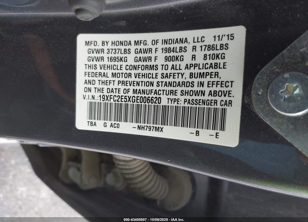 2016 HONDA CIVIC LX VIN: 19XFC2E5XGE006620