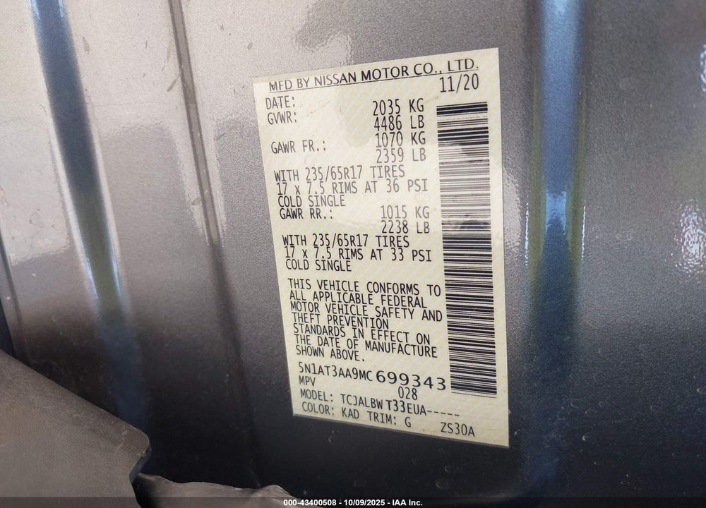 2021 NISSAN ROGUE S FWD VIN: 5N1AT3AA9MC699343