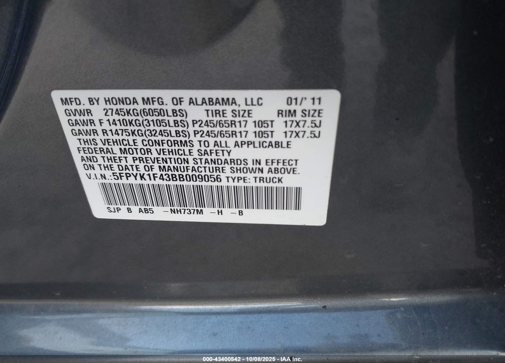 2011 HONDA RIDGELINE VIN: 5FPYK1F43BB009056