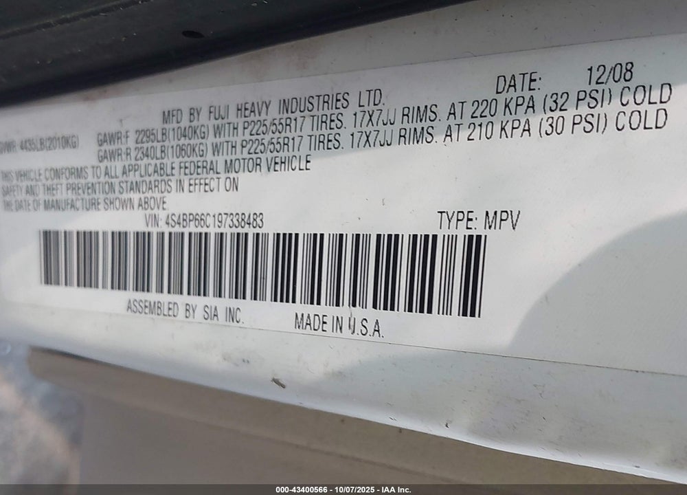2009 SUBARU OUTBACK VIN: 4S4BP66C197338483