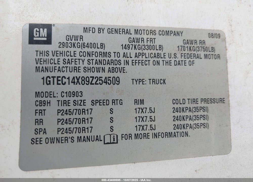 2009 GMC SIERRA 1500 WORK TRUCK VIN: 1GTEC14X89Z254509