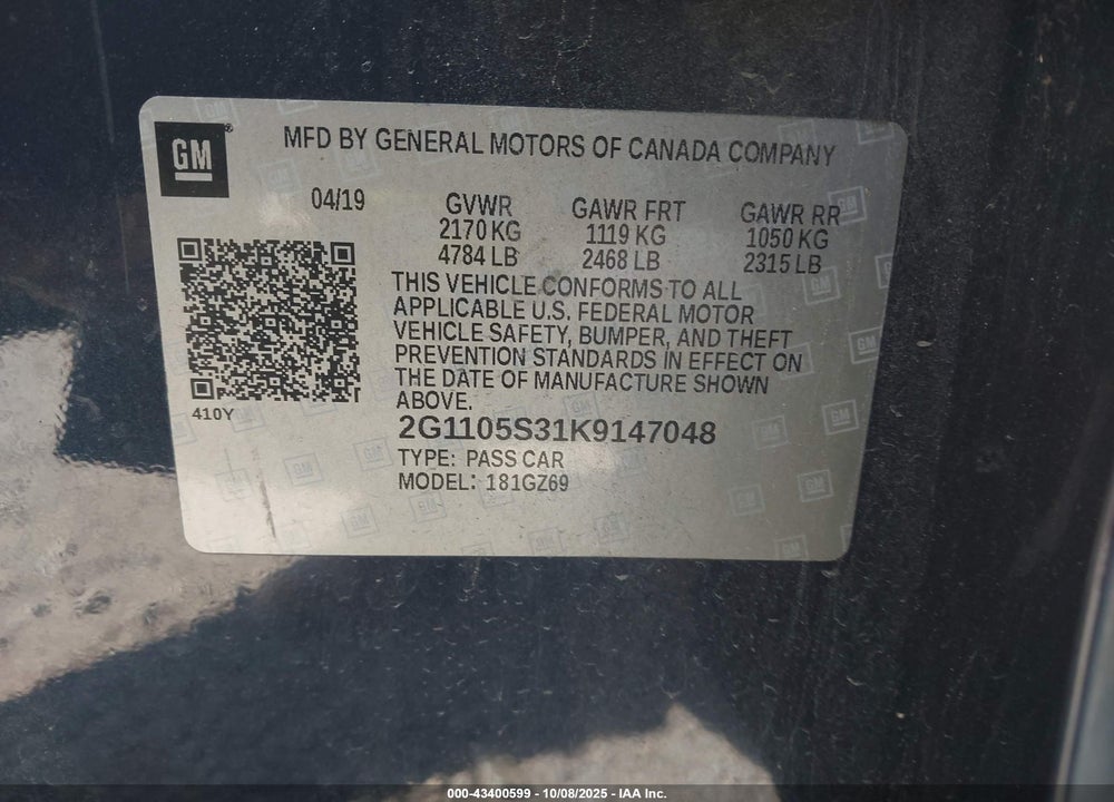 2019 CHEVROLET IMPALA VIN: 2G1105S31K9147048