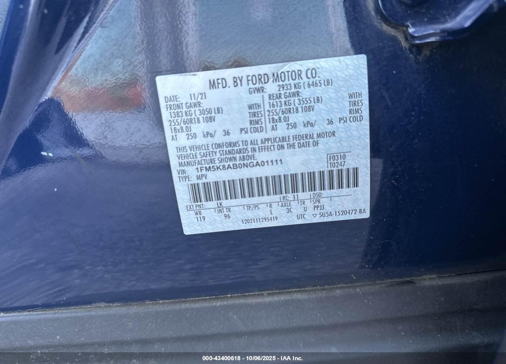 2022 FORD EXPLORER VIN: 1FM5K8AB0NGA01111