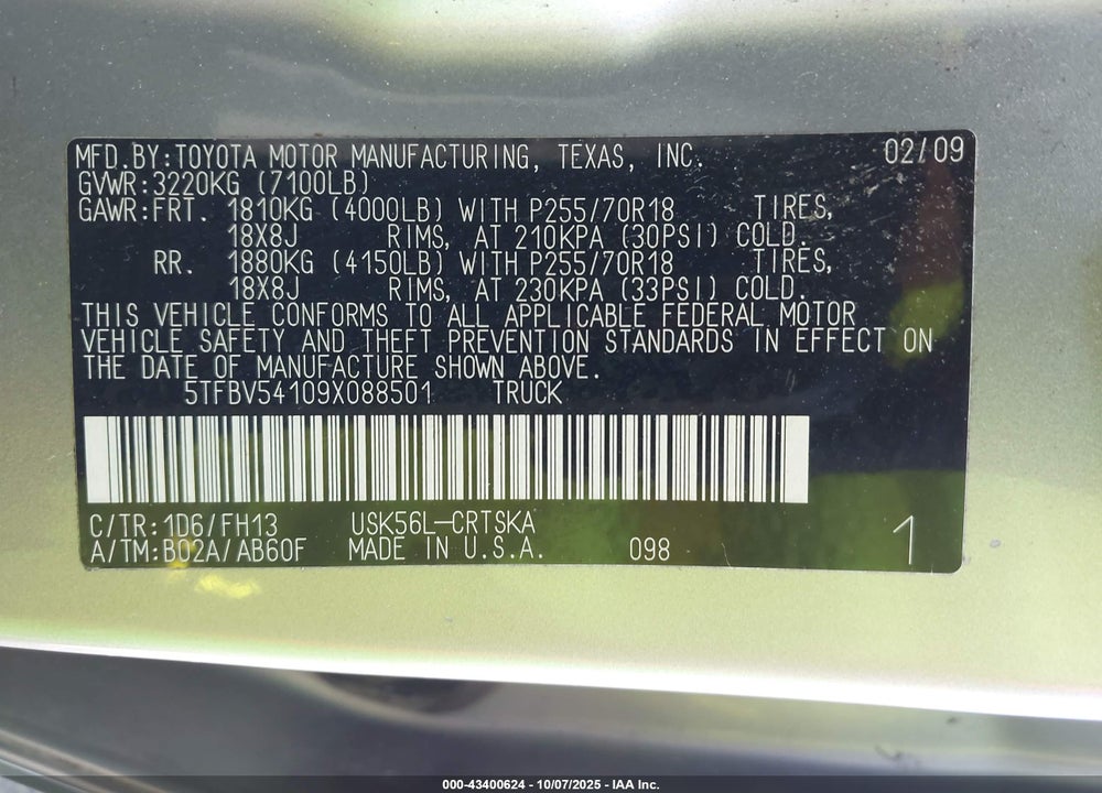 2009 TOYOTA TUNDRA GRADE 5.7L V8 VIN: 5TFBV54109X088501